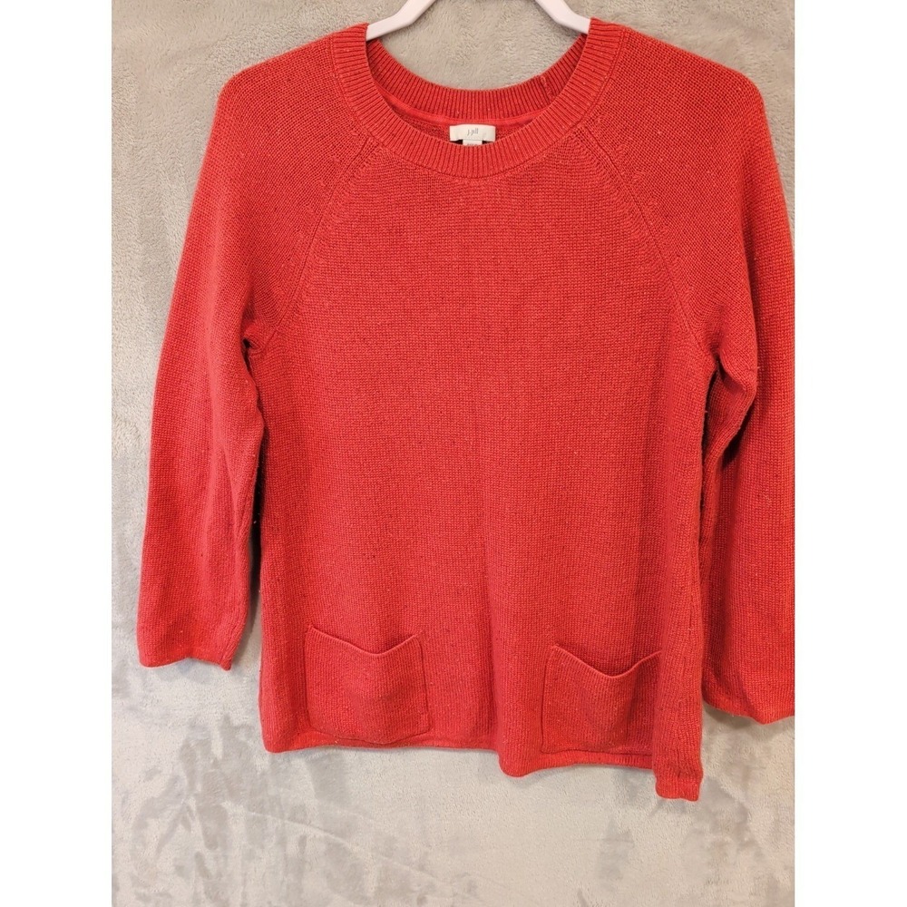 J Jill Red‎ Knit Sweater Womens Small Pockets Crew Neck Cotton Blend